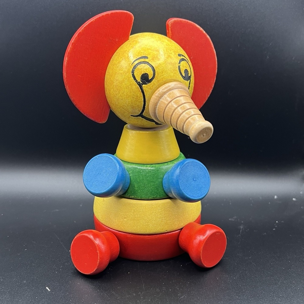 VTG Elephant Wooden Stacking Puzzle 1960s Red Blue Yellow ~ FUN
